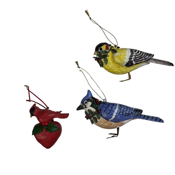 Lot of 3 Christmas ornaments birds Gold finch Blue Jay Cardinal - Picture 7 of 13